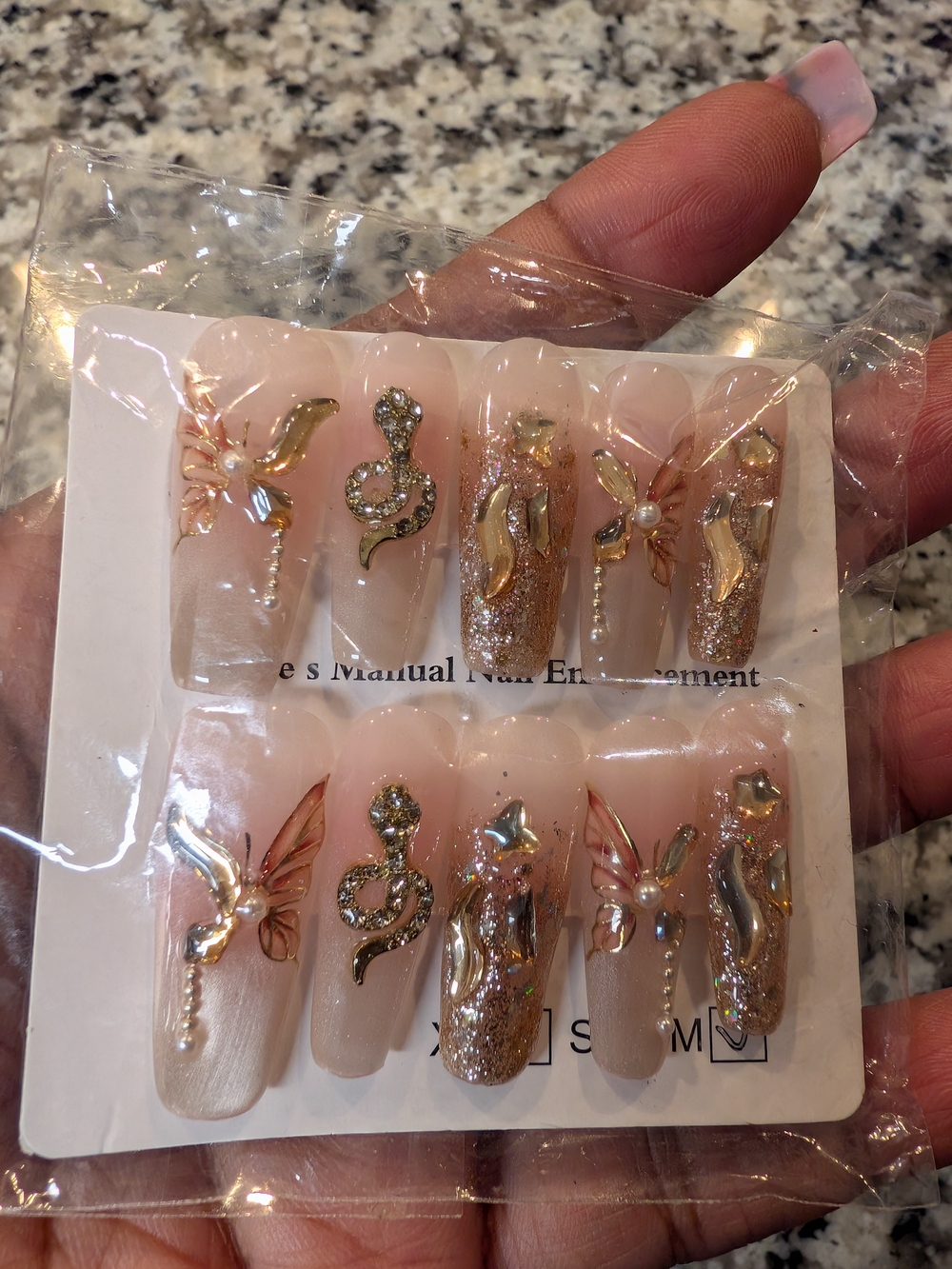 Nude Pink Press-On Nails with Rose Gold & Glitter Accents